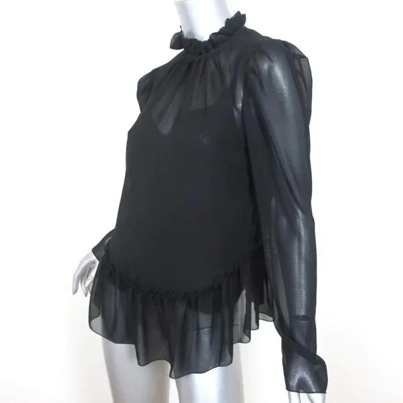See by Chloe Ruffled High Neck Blouse Black Chiffon Size 38 Long Sleeve Top NEW - Picture 2 of 7